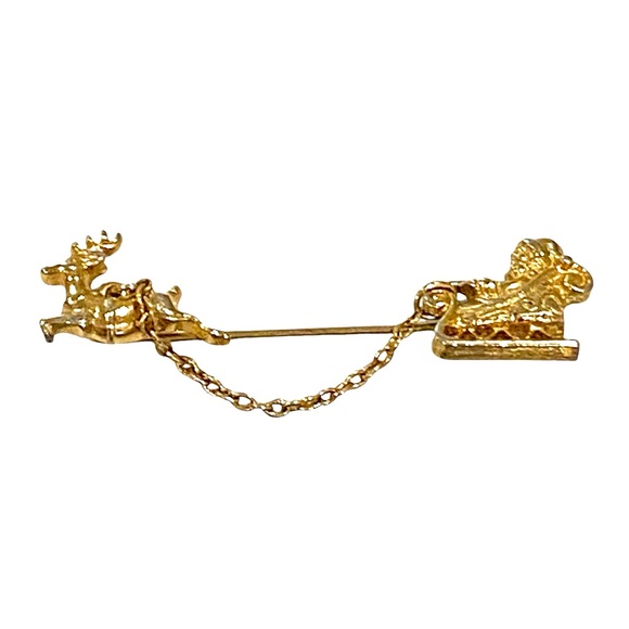 1980’s AVON Santa Sleigh and Reindeer Shaped Gold Tone Pin Scarf Pin Tie Tack - Picture 5 of 6